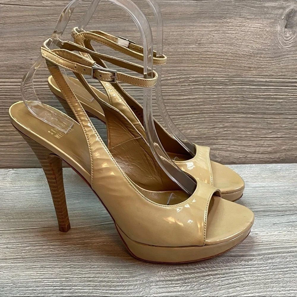 Stuart Weitzman beige patent leather ankle strap platform open toe heels size 8